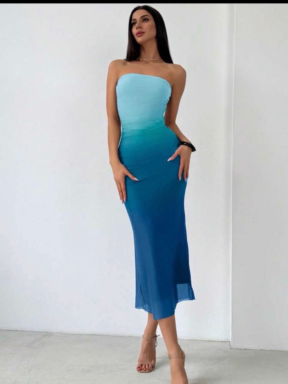 SHEIN Ombre Strapless Midi Dress in Aqua to Teal